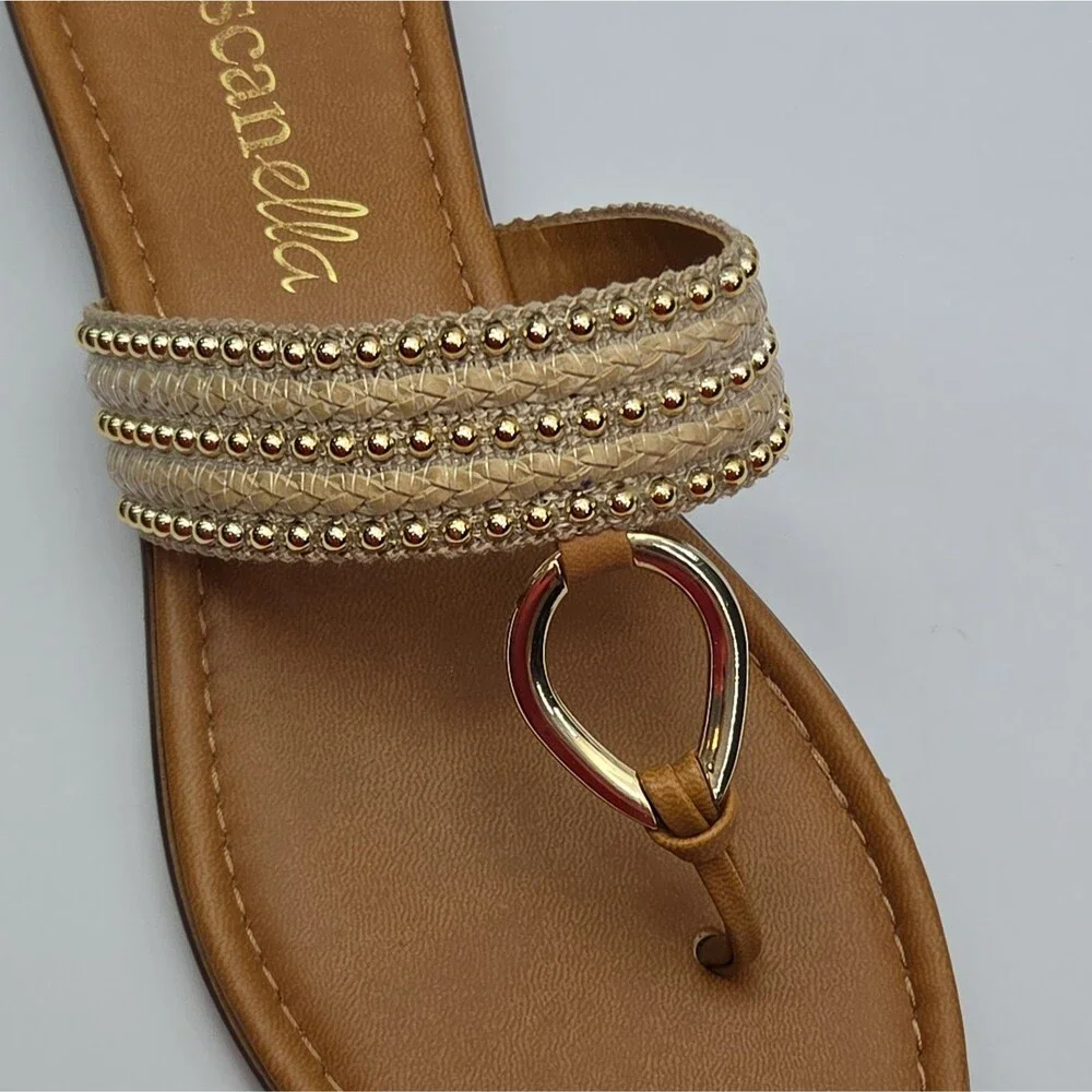 Toscanella Sandal Shoe Thong Flat Women Sz 7.5 Brown Gold Studs Slip-On Woven